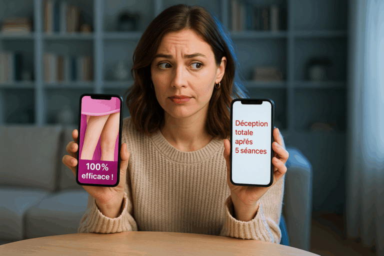 Une femme stylée en haut en maille beige et jean clair assise à une table de salon moderne, tenant deux smartphones affichant des photos 'avant/après' contradictoires d'épilation laser : à gauche, une image retouchée avec peau parfaitement lisse et tons roses artificiels (texte visible '100% efficace !'), à droite des avis textuels en rouge ('Déception totale après 6 séances'). Son visage exprime un mélange d'espoir et de scepticisme, regard tourné vers l'écran, éclairage naturel avec rim light bleu électrique soulignant sa silhouette, fond flou de bibliothèque aux tons bleu glacier et gris perle, composition en règle des tiers avec espace à droite pour ajout de titre, photoréaliste 8K haute définition.