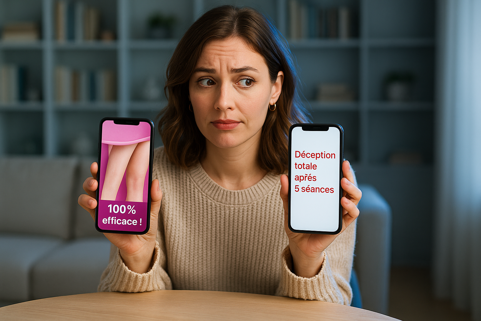 Une femme stylée en haut en maille beige et jean clair assise à une table de salon moderne, tenant deux smartphones affichant des photos 'avant/après' contradictoires d'épilation laser : à gauche, une image retouchée avec peau parfaitement lisse et tons roses artificiels (texte visible '100% efficace !'), à droite des avis textuels en rouge ('Déception totale après 6 séances'). Son visage exprime un mélange d'espoir et de scepticisme, regard tourné vers l'écran, éclairage naturel avec rim light bleu électrique soulignant sa silhouette, fond flou de bibliothèque aux tons bleu glacier et gris perle, composition en règle des tiers avec espace à droite pour ajout de titre, photoréaliste 8K haute définition.