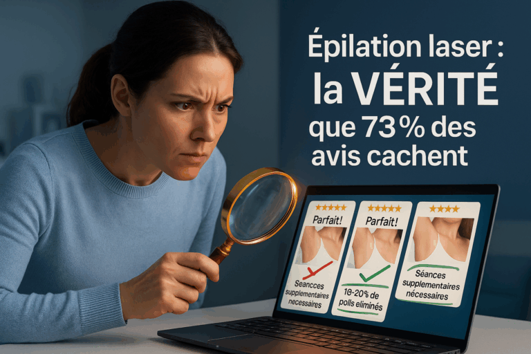 Une femme dans la trentaine, vêtue d'un pull bleu clair professionnel, penchée avec intensité devant un ordinateur portable affichant des avis clients d'épilation laser. À l'écran : des témoignages 'parfaits' barrés en rouge (photos sur-retouchées) et d'autres soulignés en vert avec des indices subtils ('séances supplémentaires nécessaires', '10-20% de poils éliminés'). Une loupe dorée révèle ces détails cachés, éclairée par une rim light chaude. En arrière-plan : fond bleu-gris apaisant et moderne évoquant un cabinet esthétique. Texte central en blanc sur fond bleu nuit : 'Épilation laser : la VÉRITÉ que 73% des avis cachent'. Style photoréaliste 8K, textures de vêtements et écran ultra-détaillées, composition selon la règle des tiers avec espace à droite pour overlay texte.