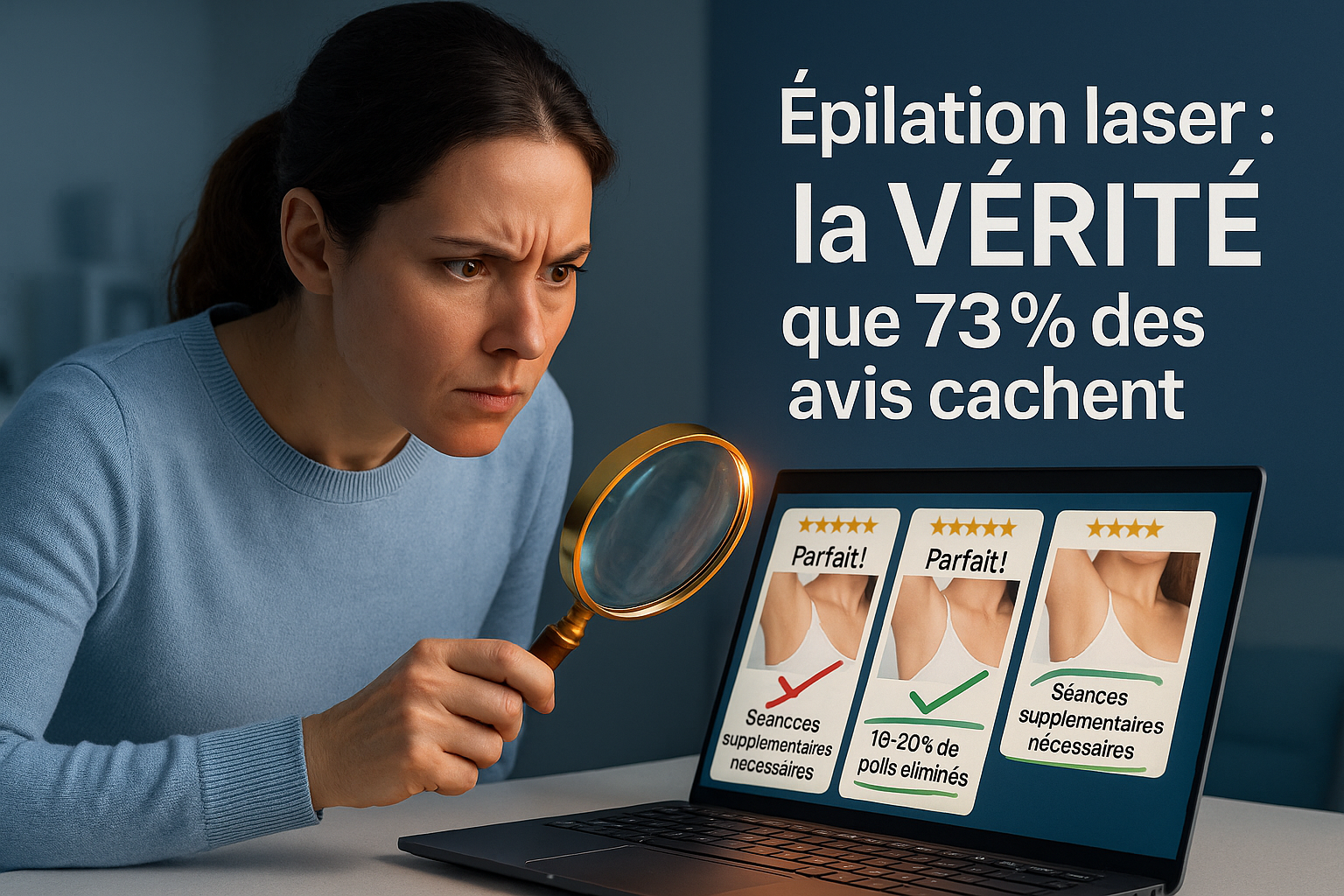 Une femme dans la trentaine, vêtue d'un pull bleu clair professionnel, penchée avec intensité devant un ordinateur portable affichant des avis clients d'épilation laser. À l'écran : des témoignages 'parfaits' barrés en rouge (photos sur-retouchées) et d'autres soulignés en vert avec des indices subtils ('séances supplémentaires nécessaires', '10-20% de poils éliminés'). Une loupe dorée révèle ces détails cachés, éclairée par une rim light chaude. En arrière-plan : fond bleu-gris apaisant et moderne évoquant un cabinet esthétique. Texte central en blanc sur fond bleu nuit : 'Épilation laser : la VÉRITÉ que 73% des avis cachent'. Style photoréaliste 8K, textures de vêtements et écran ultra-détaillées, composition selon la règle des tiers avec espace à droite pour overlay texte.