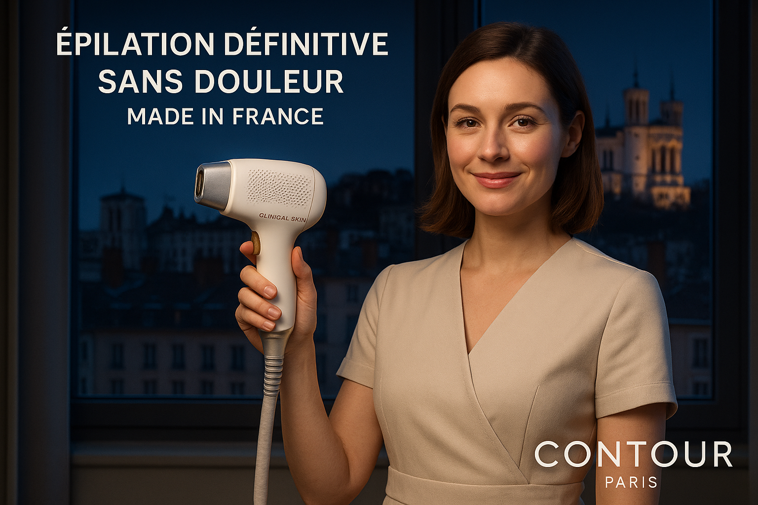 Une femme lyonnaise souriante regardant deux devis d'épilation laser côte à côte : à gauche un document 'Lyon - 410€' avec un tampon 'Résultats incertains', à droite un devis 'Villeurbanne - 290€' orné du logo Cryo Institut et d'un tampon 'Satisfaction garantie'. Fond juxtaposant les paysages urbains de Lyon (gauche, teintes froides) et Villeurbanne (droite, lumière dorée), éclairage rim light bleu électrique soulignant le visage rassuré de la cliente. Tenue professionnelle élégante (chemisier bleu marine), détails hyper-réalistes des textures papier et reflets écran, palette dominante bleu-vert apaisant avec touches de blanc médical. Composition règle des tiers avec regard orienté vers Villeurbanne, angle légèrement surélevé pour symboliser la prise de décision éclairée. SFW strict : mains visibles tenant les documents, zéro nudité ou ambiguïté.