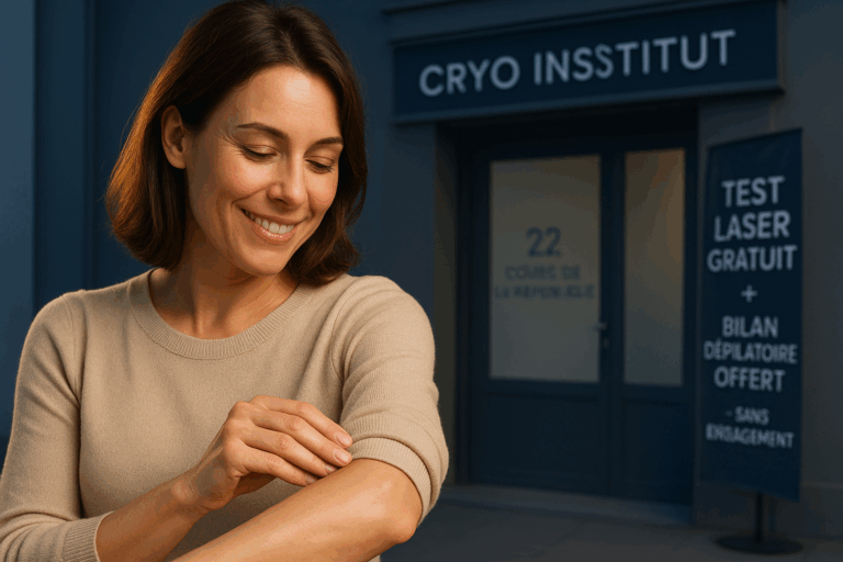 Une femme souriante de 35 ans aux cheveux châtains, vêtue d'un pull beige élégant, observe sa peau lisse sur l'avant-bras avec un regard soulagé. En arrière-plan, le cabinet Cryo Institut moderne révèle une enseigne discrète '22 Cours de la République' et une bannière flottante 'Test Laser Gratuit + Bilan Dépilatoire Offert - Sans Engagement'. Éclairage studio professionnel avec rim light doré soulignant les contours, tons bleu marine et gris clair dominants pour une ambiance apaisante. Style photoréaliste 8K ultra-détaillé : plis naturels du tissu, reflets subtils sur la peau, regard engageant vers la caméra. Composition respectant la règle des tiers avec espace négatif à droite pour intégration titre YouTube.