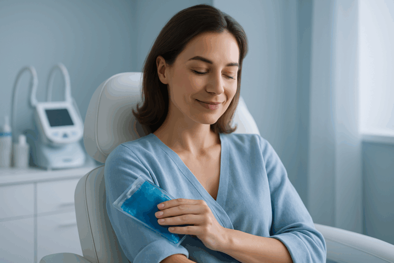 Photorealistic image of a serene French woman in her 30s wearing a soft blue blouse, seated comfortably in a modern aesthetic clinic with clean white and light blue decor. She smiles with quiet confidence, gently applying a cooling gel pack to her arm while natural daylight highlights her relaxed expression. Detailed textures of cotton fabric, smooth skin, and clinical equipment under soft rim lighting, rule of thirds composition with negative space on the right. Cool blue accents throughout the scene, zero text elements, professional and calming ambiance conveying pain-free expertise.