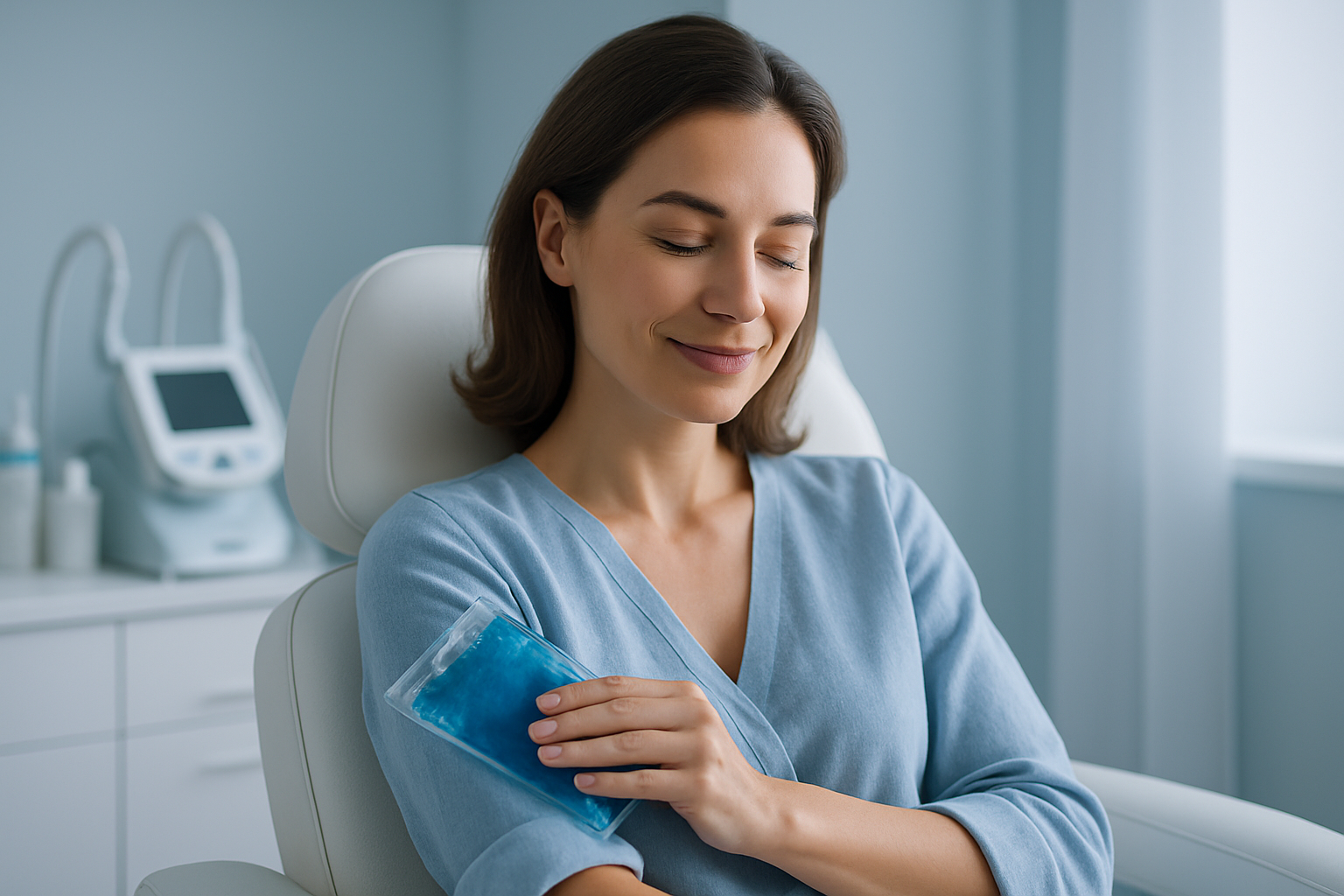 Photorealistic image of a serene French woman in her 30s wearing a soft blue blouse, seated comfortably in a modern aesthetic clinic with clean white and light blue decor. She smiles with quiet confidence, gently applying a cooling gel pack to her arm while natural daylight highlights her relaxed expression. Detailed textures of cotton fabric, smooth skin, and clinical equipment under soft rim lighting, rule of thirds composition with negative space on the right. Cool blue accents throughout the scene, zero text elements, professional and calming ambiance conveying pain-free expertise.