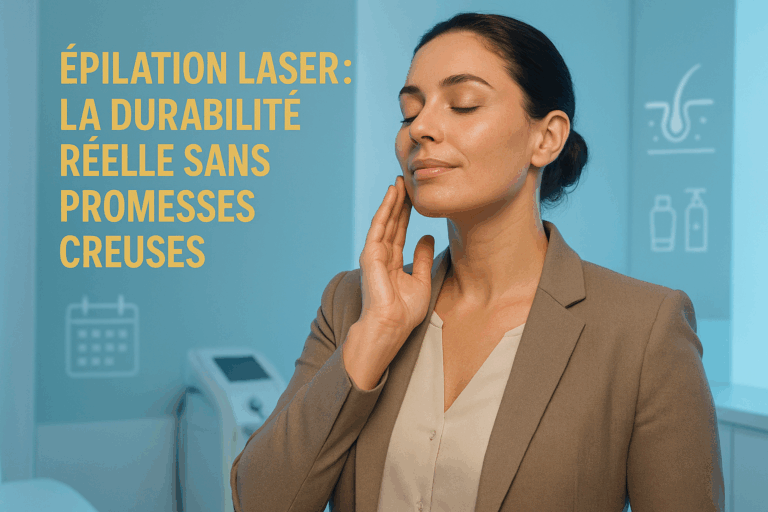 Une femme confiante en chemisier beige et veste professionnel, admirant sa peau lisse sous un éclairage doux avec rim light bleutée, dans un cadre de clinique moderne aux tons bleu glacier et blanc. Texte percutant en gras doré : 'Épilation Laser : La Durabilité Réelle Sans Promesses Creuses'. Fond épuré avec détails techniques subliminaux (calendrier stylisé, pictogrammes de soins), expression visage sereine mais déterminée, respect de la règle des tiers, textures cutanées ultra-réalistes avec lueur de satisfaction dans le regard.