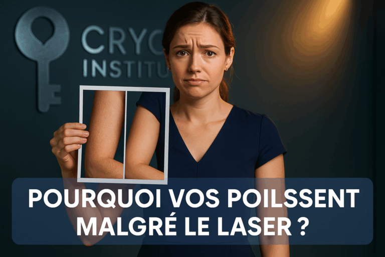 Une femme jeune et professionnelle en robe sobre bleu nuit, regard oscillant entre frustration et espoir, tenant une photo avant/après de son bras. À gauche : peau avec poils rebelles visibles, à droite : peau parfaitement lisse. Arrière-plan d'un cabinet esthétique moderne Cryo Institut avec clé de peau bleu-argentée, lumière rasante dorée créant un rim light intense sur les contours. Texte en blanc gras sur bandeau bleu translucide : 'POURQUOI VOS POILS REPOUSSENT MALGRÉ LE LASER ?'. Éclairage contrasté studio, textures cutanées ultra-réalistes, expression faciale authentique de compréhension soudaine. Respect strict de la règle des tiers avec espace laissé pour overlay texte YouTube.