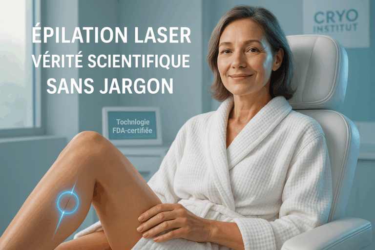 Femme souriante d'âge moyen au teint parfait, regard soulagé et confiant, assise dans un fauteuil médical haut de gamme aux lignes épurées. Premier plan sur sa jambe lisse avec un rayon laser bleuté ciblant un poil foncé, visualisé par un halo thermique doux sans contact avec la peau. Arrière-plan en tons bleu glacier et blanc stérile d'un cabinet Cryo Institut moderne, avec écran digital affichant 'Technologie FDA-certifiée'. Éclairage naturel traversant une baie vitrée, effet rim light bleu électrique soulignant le visage. Texte intégré en typographie moderne : 'Épilation Laser : Vérité Scientifique SANS Jargon'. Style photoréaliste 8K, détails textures du peignoir luxe et vernis à ongle discret, ambiance sécurisante et professionnelle.