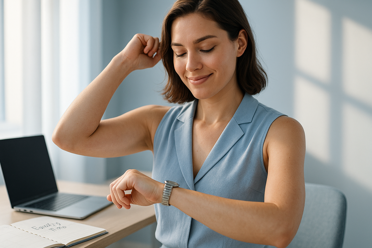 Photorealistic portrait of a confident woman in her late 20s wearing a tailored light blue sleeveless blouse, standing in a sunlit modern workspace. She raises her arm naturally while checking her wristwatch with a relaxed smile, subtly revealing smooth underarms without focus on the area. Rim lighting accentuates her silhouette against a minimalist background (laptop, planner marked 'family time'). Calming blue-white palette with_SOFT_accents, 8K resolution, professional photography style capturing liberation from daily hair removal routines. Natural skin texture, authentic expression of time regained, zero medical equipment visible.