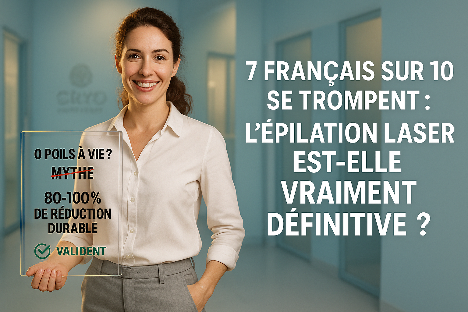 Espace clinique haut de gamme aux tons bleu glacier et blanc cassé, une femme énergique de 30 ans au sourire rassurant et regard franc, vêtue d'un chemisier blanc et pantalon chino gris perle, tient un cadre transparent affichant '0 POILS À VIE ? MYTHE' barré en rouge et '80-100% DE RÉDUCTION DURABLE' validé en vert émeraude. Arrière-plan flou des cabines de Cryo Institut avec logo discret, éclairage dramatique avec rim light doré soulignant ses contours. Texte central percutant : '7 FRANÇAIS SUR 10 SE TROMPENT : L’ÉPILATION LASER EST-ELLE VRAIMENT DÉFINITIVE ?'. Photorealistic 8K, textures peau/étoffe ultra-détaillées, composition règle des tiers avec espace négatif à droite pour overlay texte, émotion de clarification immédiate et confiance professionnelle.