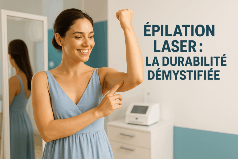 Une femme souriante de 30 ans, vêtue d'une robe d'été élégante bleu ciel, montre avec fierté son avant-bras lisse devant un miroir en pied. En arrière-plan, une clinique moderne aux murs blancs avec des détails en bleu sarcelle. Texte en haut en gras : 'Épilation Laser : La Durabilité Démystifiée'. Éclairage naturel avec rim light doré, accentuant la texture satinée de la peau. Palette : bleu confidentiel, blanc pur et touches de doré. Composition respectant la règle des tiers, espace négatif à droite pour titre vidéo. Style photo 8K ultra-réaliste, regard rempli d'espoir et de libération.