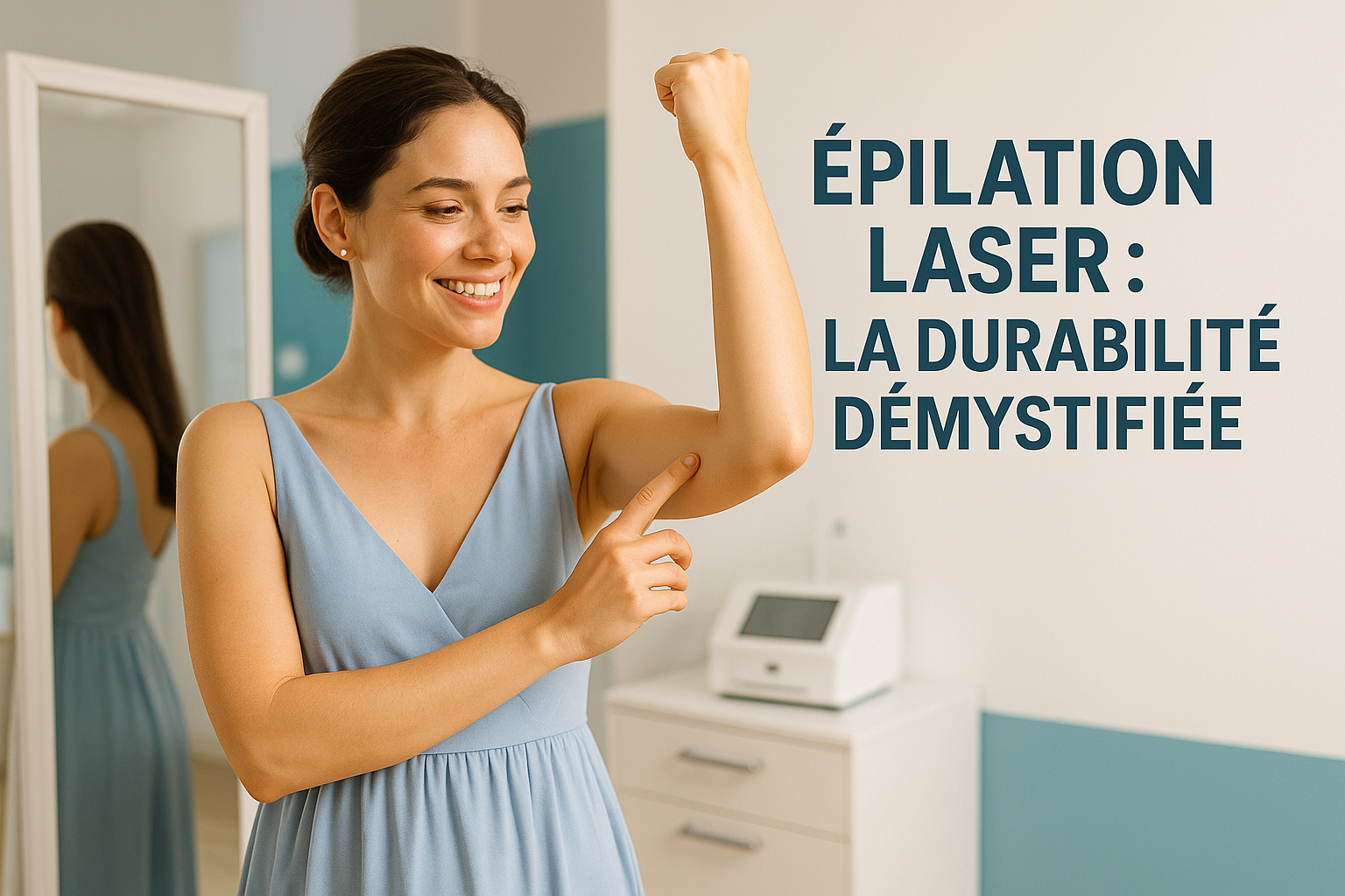 Une femme souriante de 30 ans, vêtue d'une robe d'été élégante bleu ciel, montre avec fierté son avant-bras lisse devant un miroir en pied. En arrière-plan, une clinique moderne aux murs blancs avec des détails en bleu sarcelle. Texte en haut en gras : 'Épilation Laser : La Durabilité Démystifiée'. Éclairage naturel avec rim light doré, accentuant la texture satinée de la peau. Palette : bleu confidentiel, blanc pur et touches de doré. Composition respectant la règle des tiers, espace négatif à droite pour titre vidéo. Style photo 8K ultra-réaliste, regard rempli d'espoir et de libération.
