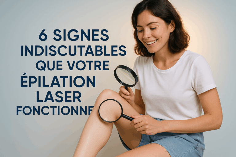 Une femme souriante en tenue décontractée (shorts bleu pâle et t-shirt blanc) observe sa jambe avec une loupe, révélant une peau nettement éclaircie et des poils fins en chute progressive après 3 séances d'épilation laser. Arrière-plan studio épuré avec dégradés de bleu glacier et blanc cassé, éclairage naturel rehaussé d'une rim light dorée pour un effet 'vignette YouTube'. Expression de soulagement authentique, mains professionnellement posées sur la zone traitée (jambe partiellement visible sous le short). Texte central en caractères modernes et lisible : '6 Signes Indiscutables que Votre Épilation Laser Fonctionne'. Tenue respectueuse, pas de nudité, focus sur l'émotion et les détails cutanés réalistes.