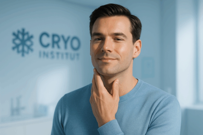 A confident man in his 30s with perfectly smooth skin, wearing a light blue crewneck sweater, standing against a clean clinic backdrop with subtle Cryo Institut logo. He confidently touches his jawline with a relieved expression, natural sunlight highlighting his facial contours with soft rim light. Professional photography style with shallow depth of field, cool blue-toned lighting emphasizing trust and professionalism, photorealistic skin texture details showing zero irritation.