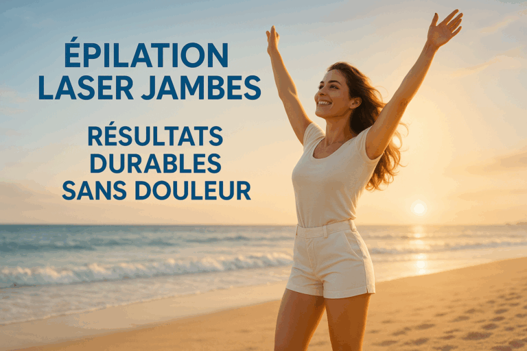 Femme souriante de 30 ans aux jambes parfaitement lisses visibles sous un short blanc estival, bras levés en signe de liberté sur fond de plage ensoleillée. Éclairage doré du coucher de soleil avec rim light créant un halo lumineux autour de sa silhouette. Texte central en gras : 'Épilation Laser Jambes : Résultats Durables Sans Douleur'. Palette dominante de bleus océan et blanc cassé pour une ambiance pure et rassurante. Composition respectant la règle des tiers, regard tourné vers l'horizon avec confiance. Photoréalisme ultra-détaillé (8K), textures de sable et peau nettes, style SFW avec tenue sobre et professionnelle.