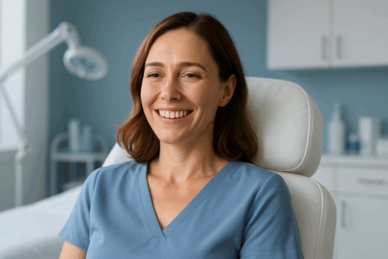 A 35-year-old woman smiling with relief in a modern aesthetic clinic, wearing a soft blue blouse, sitting in a comfortable chair. Soft natural lighting with rim light highlighting her face, conveying confidence and comfort. Calming blue and white color palette, photorealistic textures of skin and fabric. Rule of thirds composition, highly detailed 8K resolution, zero text, professional and serene atmosphere.