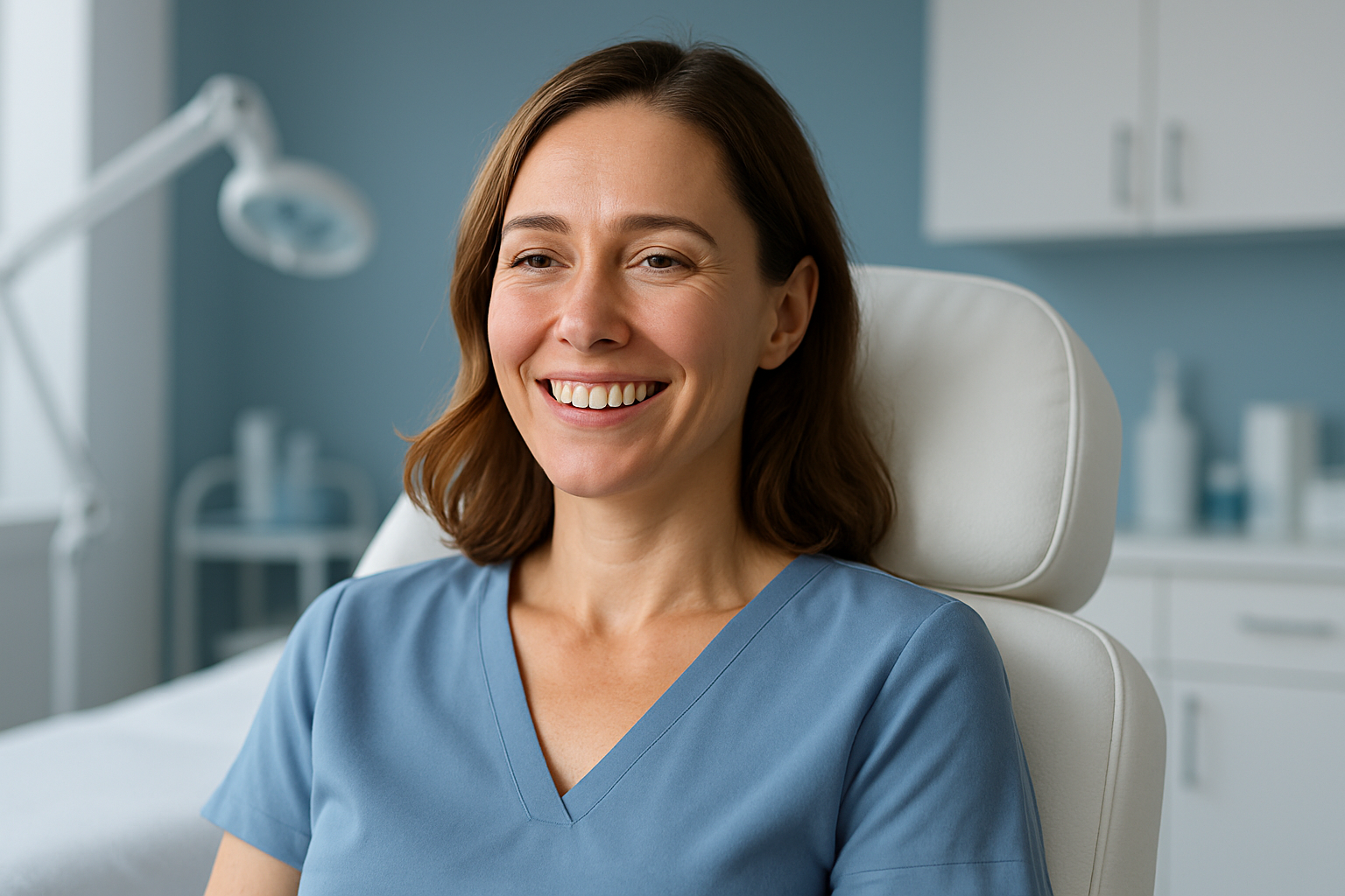A 35-year-old woman smiling with relief in a modern aesthetic clinic, wearing a soft blue blouse, sitting in a comfortable chair. Soft natural lighting with rim light highlighting her face, conveying confidence and comfort. Calming blue and white color palette, photorealistic textures of skin and fabric. Rule of thirds composition, highly detailed 8K resolution, zero text, professional and serene atmosphere.