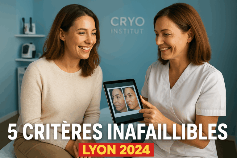 Une femme lyonnaise souriante d'une trentaine d'années, vêtue d'un pull clair et d'un pantalon élégant, assise dans un cabinet médical moderne aux tons bleu ciel et blanc. Une spécialiste en épilation laser (blouse blanche professionnelle, 40 ans) lui montre des photos avant/après sur une tablette tactile, avec un sourire rassurant. Arrière-plan : logo discret 'Cryo Institut' et étagères organisées avec des appareils haut de gamme. Éclairage naturel avec rim light doré soulignant leurs silhouettes, détails photoréalistes des textures (tissus, écran), ambiance chaleureuse et sécurisante. Texte en gros plan : '5 CRITÈRES INAFAILLIBLES | Lyon 2024'. Style vignette YouTube percutante avec contraste élevé et couleurs éclatantes.