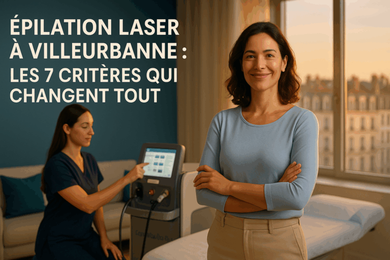 Une femme confidente en haut bleu pâle et pantalon beige, souriant dans un institut lumineux de Villeurbanne avec vue sur les façades lyonnaises. À l'arrière-plan, une technicienne en blouse professionnelle bleu marine présente une interface tactile de laser GentleMax Pro Plus avec des réglages adaptés à différents phototypes cutanés. Éclairage doré chaud créant une rim light subtile autour des protagonistes, palettes de bleus apaisants dans la décoration (coussins, écrans). Texte en haut en police moderne blanc cassé : 'Épilation Laser à Villeurbanne : Les 7 Critères qui Changent Tout'. Composition en règle des tiers avec espace à droite pour titre YouTube, détails réalistes des textures (peau, tissus, écrans). Ambiance sécurisante et professionnelle, sans éléments médicaux.