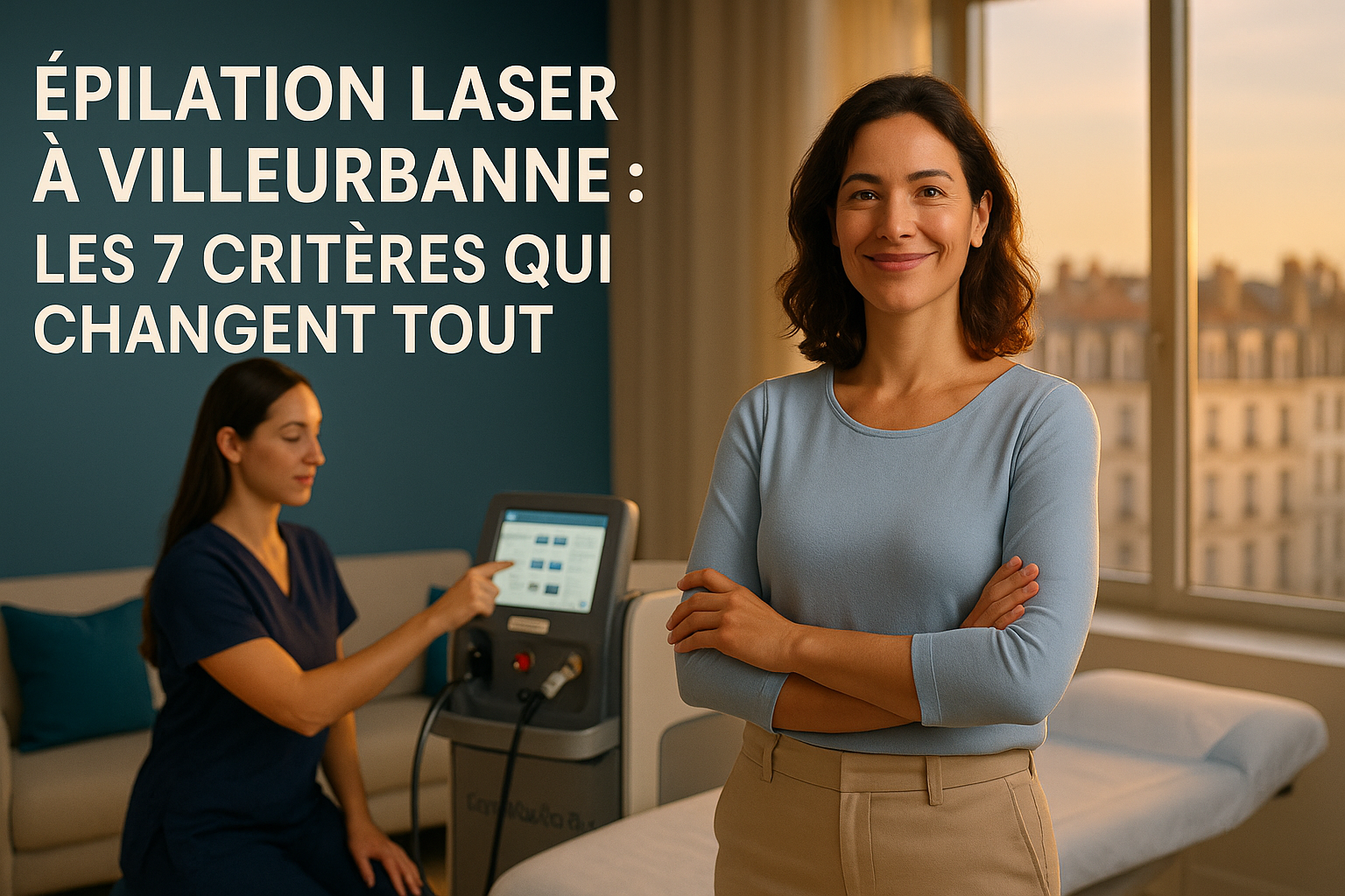 Une femme confidente en haut bleu pâle et pantalon beige, souriant dans un institut lumineux de Villeurbanne avec vue sur les façades lyonnaises. À l'arrière-plan, une technicienne en blouse professionnelle bleu marine présente une interface tactile de laser GentleMax Pro Plus avec des réglages adaptés à différents phototypes cutanés. Éclairage doré chaud créant une rim light subtile autour des protagonistes, palettes de bleus apaisants dans la décoration (coussins, écrans). Texte en haut en police moderne blanc cassé : 'Épilation Laser à Villeurbanne : Les 7 Critères qui Changent Tout'. Composition en règle des tiers avec espace à droite pour titre YouTube, détails réalistes des textures (peau, tissus, écrans). Ambiance sécurisante et professionnelle, sans éléments médicaux.