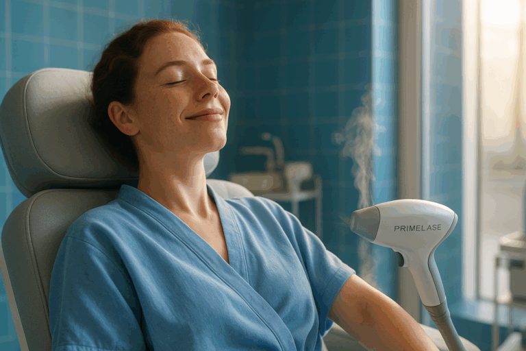 Ultra HD photorealistic scene of a 30-year-old French woman with fair skin and freckles, reclining comfortably in a minimalist clinic chair wearing a soft blue medical robe. She smiles with genuine relief, eyes closed in tranquil satisfaction as gentle steam rises from a Primelase laser device's cooling system near her arm. Warm natural light streams through floor-to-ceiling windows, creating a rim light effect around her silhouette against azure-tiled walls. The background features subtle medical equipment out of focus, with soft fabric textures visible on the chair and precise skin details. Color palette dominated by soothing cerulean blues and warm neutrals, evoking clinical trust and calm. Shot on Canon EOS R5 with shallow depth of field, 8K resolution, professional aesthetic for YouTube thumbnail.