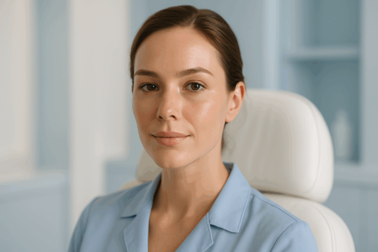 Photorealistic image of a woman in her early 30s with radiant, smooth facial skin, exuding calm confidence in a premium aesthetic clinic. Soft natural lighting creates a delicate rim glow around her face, highlighting flawless texture and subtle freckles. She wears a professional light blue blouse, seated in front of a minimalist backdrop featuring soft blue-toned decor with clean architectural lines. Professional 85mm portrait lens, ultra-shallow depth of field emphasizing skin details, cool pastel color palette with ivory and sky blue accents, hyperrealistic skin texture showing healthy glow, 8K resolution, no text elements, serene atmosphere conveying trust and expertise.