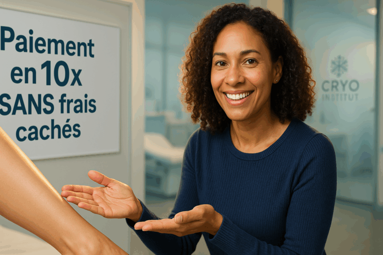 Une jeune femme métisse souriante de 35 ans, portant un pull bleu nuit élégant, bras tendus vers une peau de jambe parfaitement lisse en gros plan. Arrière-plan flou d'un cabinet esthétique moderne avec logo Cryo Institut discret. Sur un tableau blanc professionnel à gauche : 'Paiement en 10x SANS frais cachés' écrit en gras, texte parfaitement lisible avec ombre portée. Éclairage doré rim light soulignant ses contours, expressions faciales chaleureuses montrant à la fois le rêve réalisé et la sérénité budgétaire. Palette dominante de bleu océan et blanc cassé, textures ultra-réalistes des cheveux et du tissu, composition règle des tiers avec espace négatif pour titre --ar 16:9