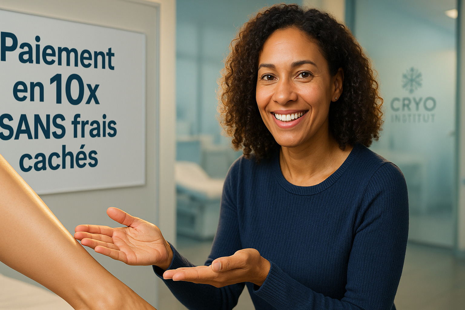 Une jeune femme métisse souriante de 35 ans, portant un pull bleu nuit élégant, bras tendus vers une peau de jambe parfaitement lisse en gros plan. Arrière-plan flou d'un cabinet esthétique moderne avec logo Cryo Institut discret. Sur un tableau blanc professionnel à gauche : 'Paiement en 10x SANS frais cachés' écrit en gras, texte parfaitement lisible avec ombre portée. Éclairage doré rim light soulignant ses contours, expressions faciales chaleureuses montrant à la fois le rêve réalisé et la sérénité budgétaire. Palette dominante de bleu océan et blanc cassé, textures ultra-réalistes des cheveux et du tissu, composition règle des tiers avec espace négatif pour titre --ar 16:9