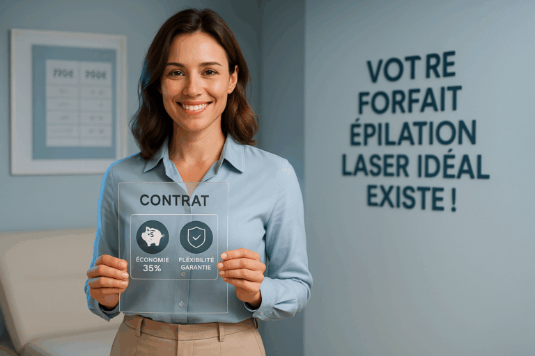 Photographie hyper-réaliste 8K d'une femme souriante de 30 ans en chemisier bleu glacier et pantalon beige, tenant un contrat transparent où apparaissent des icônes 'Économie 35%' et 'Flexibilité garantie'. Elle se tient dans un institut moderne aux murs bleu pâle avec éclairage naturel tamisé, rim light bleuté soulignant son expression de confiance retrouvée. En arrière-plan flou mais net: un tableau comparatif prix (790€ vs 960€) et un calendrier avec dates modifiables. Texte intégré lisible 'Votre Forfait Épilation Laser Idéal Existe !', textures ultra-détaillées des tissus et de la peau, composition respectant la règle des tiers avec espace négatif à droite pour titre, ambiance professionnelle et rassurante sans éléments suggestifs.