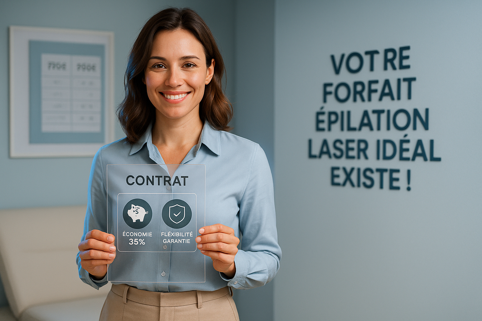 Photographie hyper-réaliste 8K d'une femme souriante de 30 ans en chemisier bleu glacier et pantalon beige, tenant un contrat transparent où apparaissent des icônes 'Économie 35%' et 'Flexibilité garantie'. Elle se tient dans un institut moderne aux murs bleu pâle avec éclairage naturel tamisé, rim light bleuté soulignant son expression de confiance retrouvée. En arrière-plan flou mais net: un tableau comparatif prix (790€ vs 960€) et un calendrier avec dates modifiables. Texte intégré lisible 'Votre Forfait Épilation Laser Idéal Existe !', textures ultra-détaillées des tissus et de la peau, composition respectant la règle des tiers avec espace négatif à droite pour titre, ambiance professionnelle et rassurante sans éléments suggestifs.