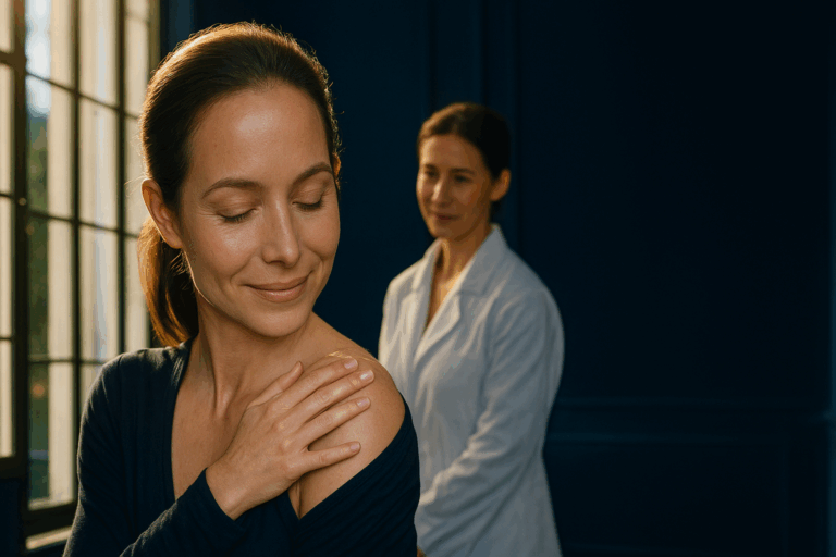 Institut d'épilation laser haut de gamme avec une femme souriante d'origine caucasienne observant sa peau parfaitement lisse après une séance, lumière naturelle filtrée par de grandes fenêtres créant un halo doré autour d'elle, teintes bleu saphir dominantes dans la décoration murale et les vêtements de l'esthéticienne professionnellement habillée en combinaison médicale blanche, expression de soulagement profond et de confiance retrouvée, cadre respectant strictement la règle des tiers avec espace négatif à droite pour overlay de texte, photoréalisme cinématographique sans défauts anatomiques, détails ultra-précis des textures cutanées et des matériaux de l'institut, rim light subtil accentuant la profondeur, résolution 8K, ambiance rassurante et professionnelle évitant tout jargon médical