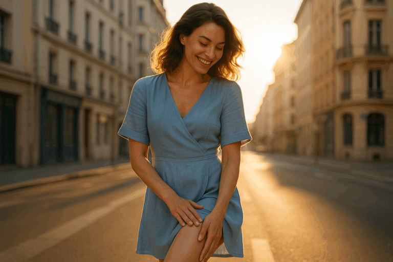 A breathtaking photorealistic image of a confident French woman in her early 30s walking joyfully through Villeurbanne streets near Lyon, wearing an elegant light blue linen dress that shows her perfectly smooth, hair-free legs. She's smiling radiantly while gently touching her leg with visible satisfaction, embodying the transformation from frustration to confidence. The golden hour sunlight creates a dramatic rim light effect around her, making the image irresistibly 'clickable' as a YouTube thumbnail. Composition follows the rule of thirds with her face at the intersection point, while subtle Lyon architecture appears softly in the background. The image conveys French elegance, safety, accessibility, and the joy of lasting smooth skin - all with complete SFW presentation. Soft blue tones throughout create a soothing yet aspirational visual narrative of professional care without medical sterility.