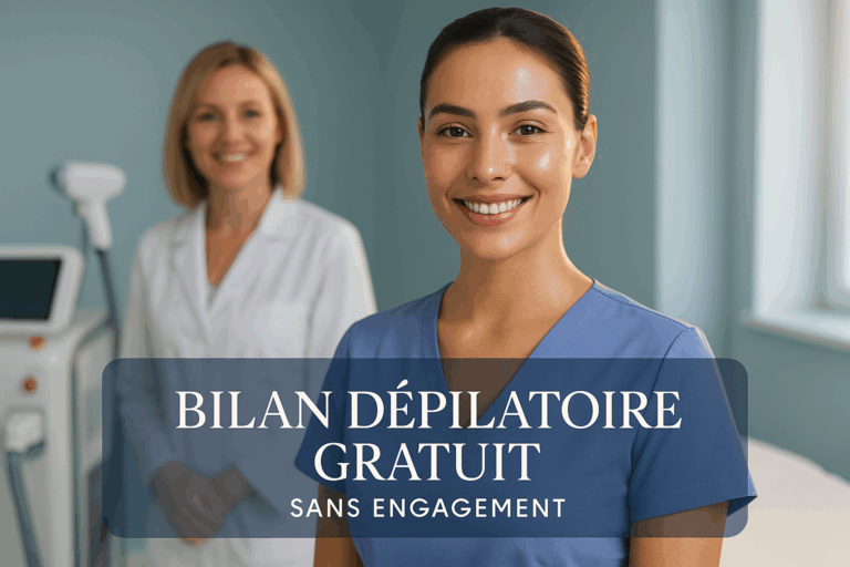 Une femme francophone souriante, peau parfaitement lisse et rayonnante après épilation laser, vêtue d'un haut bleu lavande professionnel, posant avec confiance dans un institut moderne aux murs bleu glacier. Arrière-plan flou montrant un appareil laser dernier cri et une experte en blouse médicale souriante. Éclairage doux avec rim light doré soulignant ses contours, lumière naturelle inondant la pièce. Texte lisible centré : 'Bilan Dépilatoire Gratuit • Sans Engagement', typographie élégante en blanc sur fond bleu nuit translucide. Détails ultra-réalistes des pores apaisés, reflets subtils sur les surfaces métalliques, ambiance clean et haut de gamme avec dominance de bleus médicinaux et tons neutres. Style photoréaliste 8K, composition règle des tiers avec espace à droite pour titre vidéo.