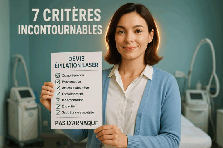 Une femme jeune adulte (30-35 ans) au sourire confiant et regard apaisé, portant une tenue professionnelle élégante (chemisier blanc, cardigan bleu ciel), tenant un devis épilation laser avec des coches vertes sur des critères clés. Elle se tient dans un institut esthétique moderne aux murs bleu-vert pâle, avec des équipements technologiques visibles en arrière-plan. Une rim light dorée encadre sa silhouette, créant un halo de confiance et d'expertise. Texte clairement lisible en haut "7 CRITÈRES INCONTOURNABLES" et en bas "PAS D'ARNAQUE". Style photoréaliste haute résolution avec éclairage naturel, textures réalistes de peau et tissu, profondeur de champ modérée. Ambiance calme et professionnelle typique de Cryo Institut, avec des éléments de design épurés et modernes qui reflètent l'approche personnalisée et technique de l'entreprise. Palette dominante bleu-vert pour une sensation de sécurité et de professionnalisme.