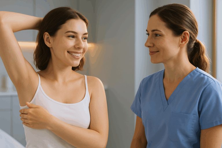 Femme souriante aux bras nus montrant une peau lisse et sans irritation, regard tourné vers une spécialiste en blouse bleu ciel professionnel, dans un institut moderne aux murs gris perle et détails dorés. Éclairage naturel avec rim light doré accentuant les contours, textures ultra-réalistes (pores subtils de la peau, tissu de la blouse médicale), composition règle des tiers avec espace laissé à droite pour titre. Teintes dominantes : bleu lavande apaisant et blanc chaud, atmosphère rassurante de confiance clinique après une consultation réussie. Zéro texte, focus sur l'émotion de soulagement palpable.
