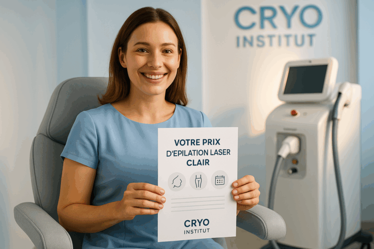 Une femme souriante âgée de 30 ans en robe bleu ciel sobre, assise dans un fauteuil de consultation moderne du Cryo Institut, entourée de murs blancs aux accents bleu glacier. Elle tient un devis personnalisé intitulé 'Votre Prix d'Épilation Laser Clair' avec des pictogrammes discrets représentant peau, zones corporelles et calendrier. Arrière-plan flou d'un appareil laser médical haut de gamme sous lumière naturelle dorée. Expression de soulagement et de confiance, rim light subtil illuminant ses épaules. Style photoréaliste 8K avec textures de tissu nettes et reflets authentiques sur l'écran de tablette visible en arrière-plan.