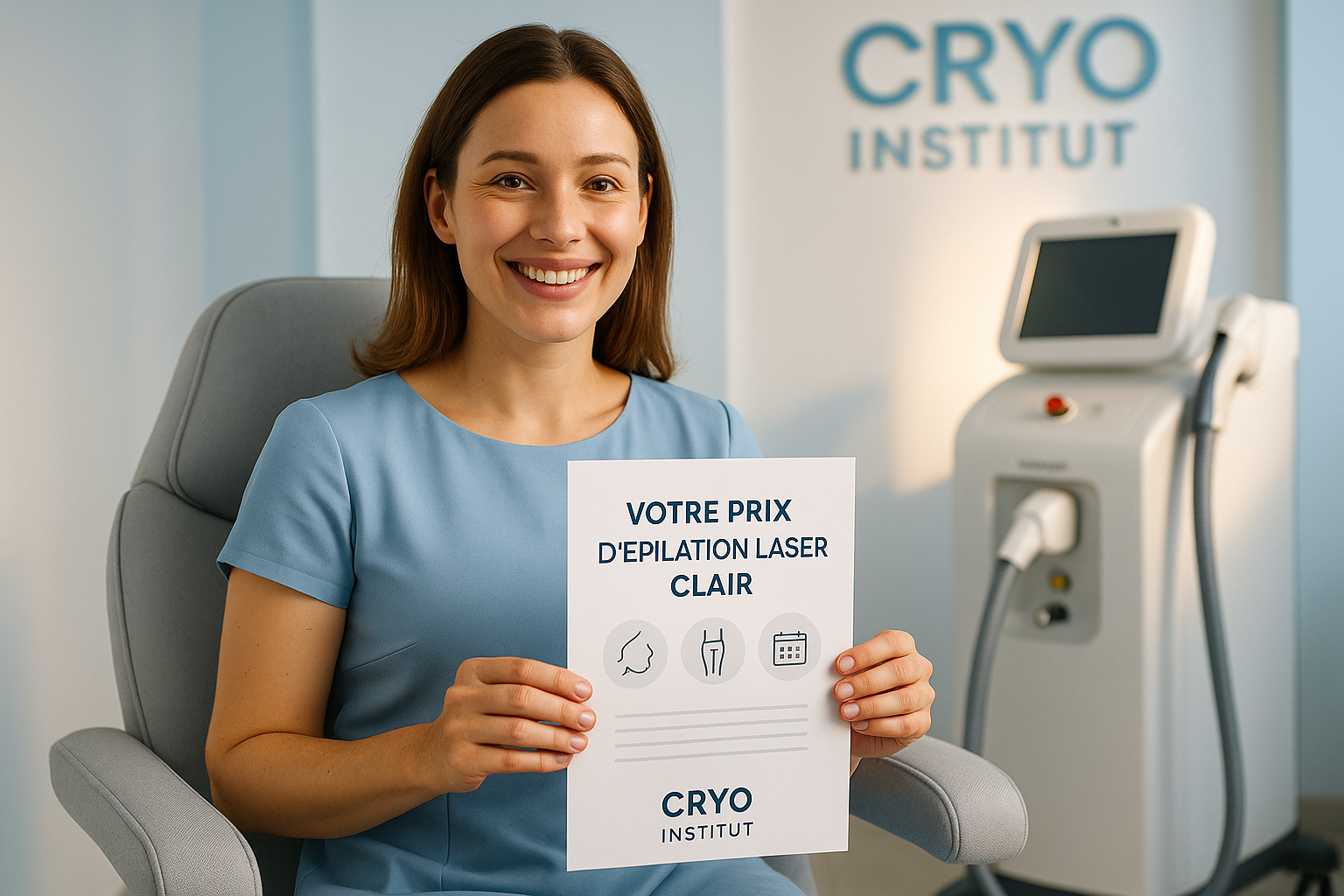 Une femme souriante âgée de 30 ans en robe bleu ciel sobre, assise dans un fauteuil de consultation moderne du Cryo Institut, entourée de murs blancs aux accents bleu glacier. Elle tient un devis personnalisé intitulé 'Votre Prix d'Épilation Laser Clair' avec des pictogrammes discrets représentant peau, zones corporelles et calendrier. Arrière-plan flou d'un appareil laser médical haut de gamme sous lumière naturelle dorée. Expression de soulagement et de confiance, rim light subtil illuminant ses épaules. Style photoréaliste 8K avec textures de tissu nettes et reflets authentiques sur l'écran de tablette visible en arrière-plan.