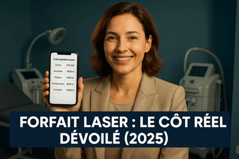 Vignette YouTube ultra-percutante : Une femme de 35 ans en tailleur professionnel beige, sourire soulagé et regard déterminé, tenant un téléphone affichant un tableau comparatif clair des coûts d'épilation laser (chiffres surlignés en bleu). Arrière-plan d'un institut esthétique moderne aux murs gris-bleu et équipements médicaux haut de gamme, éclairage studio avec rim light dorée accentuant les détails du visage. Texte superposé en gras blanc sur bandeau bleu nuit : 'FORFAIT LASER : LE COÛT RÉEL DÉVOILÉ (2025)'. Style photoréaliste 8K, textures réalistes des vêtements et écrans, composition respectant la règle des tiers. Palette dominante bleu-vert apaisante avec touches de doré pour luxe discret. Expression transmettant la maîtrise budgétaire et la confiance retrouvée, zéro élément suggestif.
