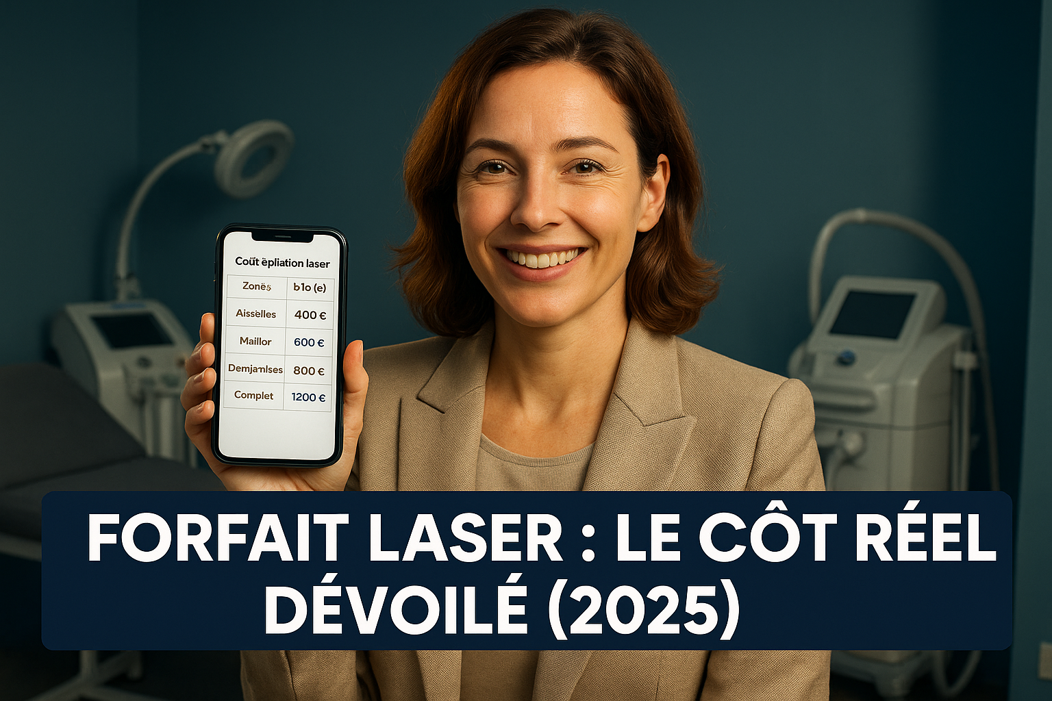 Vignette YouTube ultra-percutante : Une femme de 35 ans en tailleur professionnel beige, sourire soulagé et regard déterminé, tenant un téléphone affichant un tableau comparatif clair des coûts d'épilation laser (chiffres surlignés en bleu). Arrière-plan d'un institut esthétique moderne aux murs gris-bleu et équipements médicaux haut de gamme, éclairage studio avec rim light dorée accentuant les détails du visage. Texte superposé en gras blanc sur bandeau bleu nuit : 'FORFAIT LASER : LE COÛT RÉEL DÉVOILÉ (2025)'. Style photoréaliste 8K, textures réalistes des vêtements et écrans, composition respectant la règle des tiers. Palette dominante bleu-vert apaisante avec touches de doré pour luxe discret. Expression transmettant la maîtrise budgétaire et la confiance retrouvée, zéro élément suggestif.