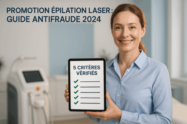 Femme souriante et rassurée en chemisier bleu clair tenant une tablette affichant '5 CRITÈRES VÉRIFIÉS' avec des coches vertes, debout dans un institut moderne aux murs blancs et accents bleu glacier. Arrière-plan flou d'un laser professionnel diode, éclairage cinématographique avec rim light dorée illuminant son visage détendu. Texte intégré 'Promotion Épilation Laser : Guide Antifraude 2024' en police moderne clairement lisible en haut de l'image. Style photoréaliste haute définition, textures précises des vêtements et peau lisse, ambiance sécurisante et professionnelle respectant la règle des tiers.