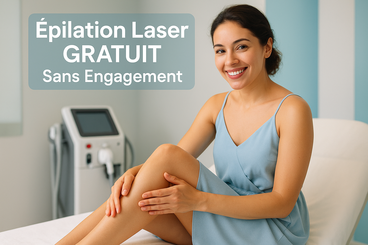 Une femme francophone souriante en robe bleu ciel claire, touchant délicatement sa jambe lisse dans un institut moderne aux murs blancs et accents turquoise. Elle tourne la tête vers l'objectif avec un sourire confiant, éclairage naturel mettant en valeur la texture réaliste de sa peau sans imperfections. Arrière-plan flou montrant discrètement un appareil laser dernier cri. Rim light doré subtil autour des contours, ambiance apaisante et professionnelle. Texte en français centré en haut : 'Épilation Laser GRATUIT – Sans Engagement' en gras blanche sur fond bleu transparent. Style photoréaliste haute définition avec détails des tissus et reflets naturels sur la peau, palette dominante de bleus pastel et blanc cassé.