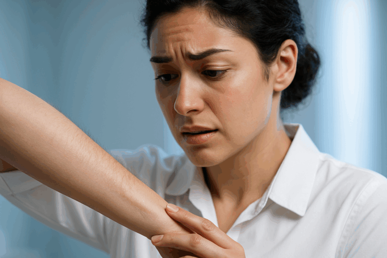 Ultra-realistic photograph of a diverse young woman in a crisp white blouse examining her forearm with concerned yet hopeful expression, soft natural lighting with cool blue rim light highlighting her silhouette. Visible fine but noticeable regrowth of darker hairs on fair skin, neutral pastel blue background suggesting modern clinic environment. Strictly SFW: covered shoulders, professional attire, rule of thirds composition focusing on emotional tension between anxiety and trust. Hyperdetailed skin texture with subtle peach fuzz, realistic lighting gradients on arm hair, 8K resolution showcasing medical-grade precision without clinical sterility.