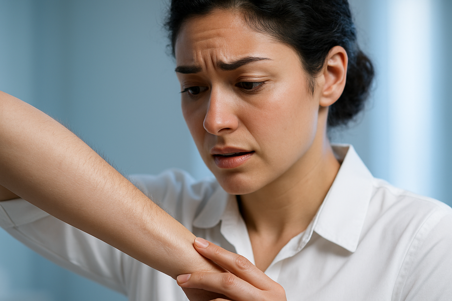 Ultra-realistic photograph of a diverse young woman in a crisp white blouse examining her forearm with concerned yet hopeful expression, soft natural lighting with cool blue rim light highlighting her silhouette. Visible fine but noticeable regrowth of darker hairs on fair skin, neutral pastel blue background suggesting modern clinic environment. Strictly SFW: covered shoulders, professional attire, rule of thirds composition focusing on emotional tension between anxiety and trust. Hyperdetailed skin texture with subtle peach fuzz, realistic lighting gradients on arm hair, 8K resolution showcasing medical-grade precision without clinical sterility.