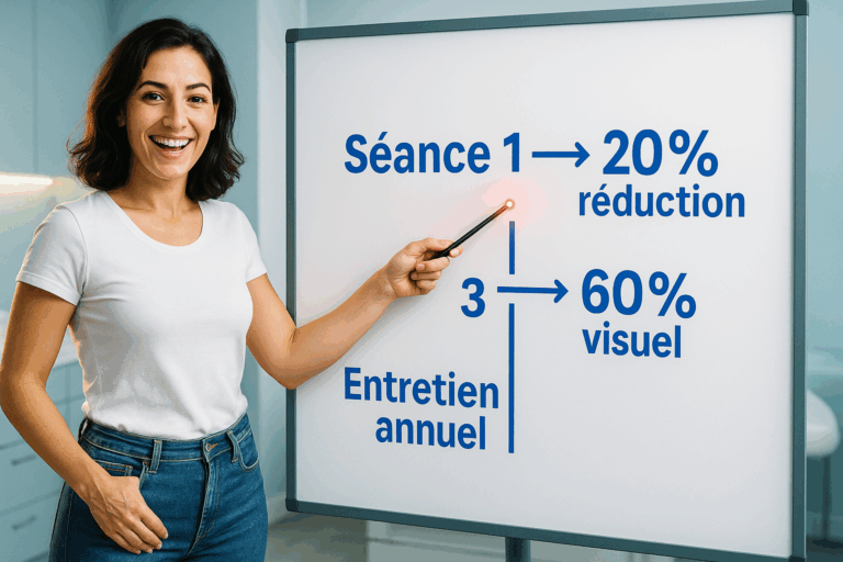Une femme de 30 ans souriante et confiante en t-shirt blanc et jean ajusté, debout devant un tableau blanc moderne affichant un calendrier visuel en bleu électrique avec les étapes 'Séance 1 → 20% réduction', 'Séance 3 → 60% visuel', 'Entretien annuel'. Arrière-plan de cabinet esthétique lumineux aux tons bleu glacier et gris perle, éclairage rim light doré soulignant ses épaules. Son geste dynamique pointe vers la ligne du temps avec un stylo laser rouge, expression énergique mais réaliste. Textes français lisibles en gros caractères sur le tableau, textures photoréalistes du jean et du tableau. Style vignette YouTube haute impact avec contraste élevé et espace négatif à droite pour titre.