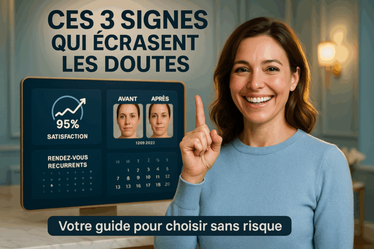 Une femme souriante d'une trentaine d'années, vêtue d'un pull bleu pastel professionnel, lève un doigt victorieux devant un tableau numérique affichant trois indicateurs clés : un graphique de satisfaction à 95%, des photos avant/après datées et un calendrier de rendez-vous récurrents. Arrière-plan d'institut haut de gamme avec murs bleu glacier et détails dorés, éclairage doux mettant en valeur son expression soulagée. Rim light doré encadrant ses cheveux, regards complices vers la caméra évoquant la confiance retrouvée. Texte en caractères épais en haut : 'CES 3 SIGNES QUI ÉCRASENT LES DOUTES' et en bas discret : 'Votre guide pour choisir sans risque'. Composition respectant la règle des tiers avec espace négatif à droite, textures de peau et tissus ultra-réalistes en 8K.