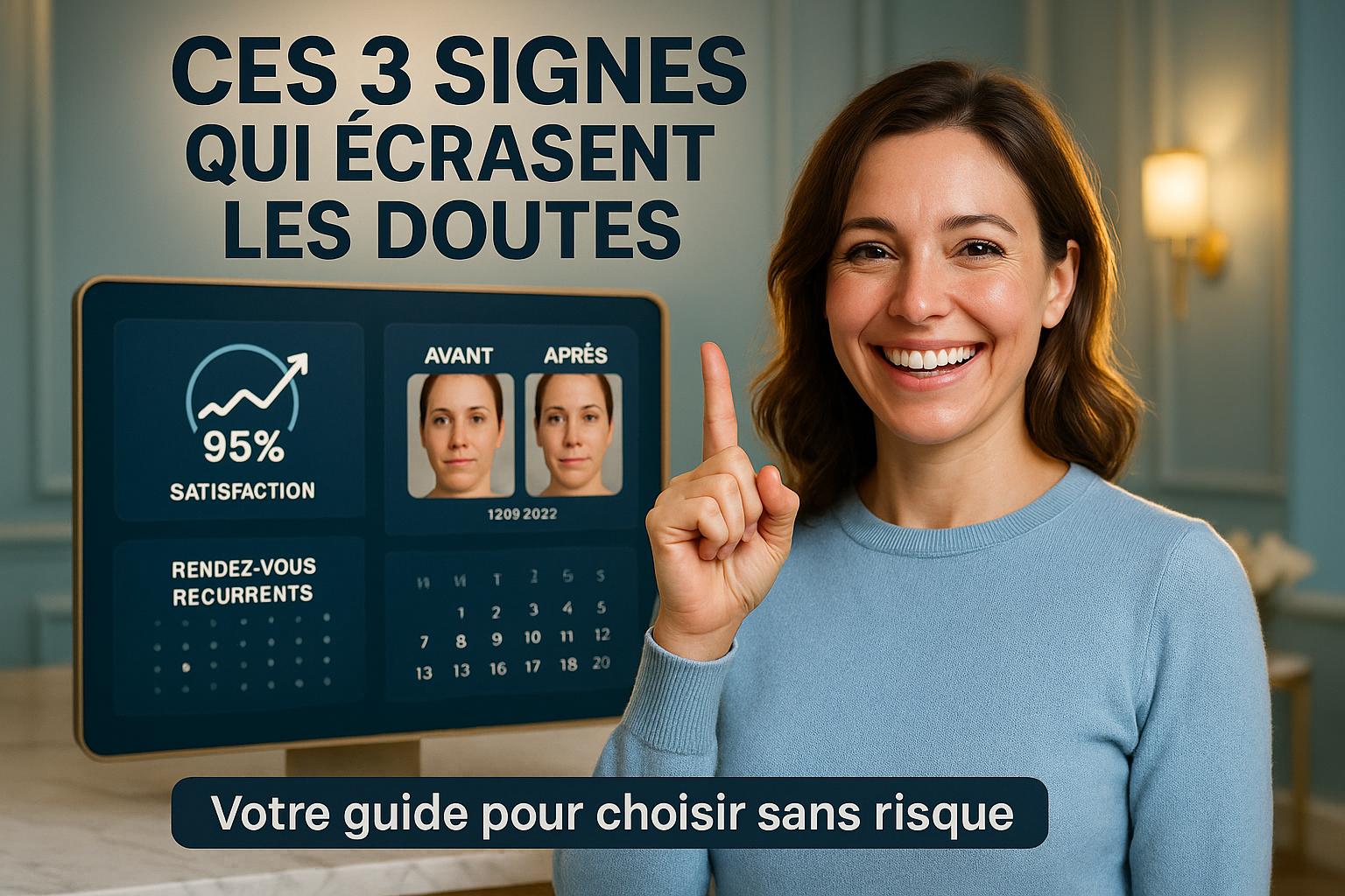 Une femme souriante d'une trentaine d'années, vêtue d'un pull bleu pastel professionnel, lève un doigt victorieux devant un tableau numérique affichant trois indicateurs clés : un graphique de satisfaction à 95%, des photos avant/après datées et un calendrier de rendez-vous récurrents. Arrière-plan d'institut haut de gamme avec murs bleu glacier et détails dorés, éclairage doux mettant en valeur son expression soulagée. Rim light doré encadrant ses cheveux, regards complices vers la caméra évoquant la confiance retrouvée. Texte en caractères épais en haut : 'CES 3 SIGNES QUI ÉCRASENT LES DOUTES' et en bas discret : 'Votre guide pour choisir sans risque'. Composition respectant la règle des tiers avec espace négatif à droite, textures de peau et tissus ultra-réalistes en 8K.