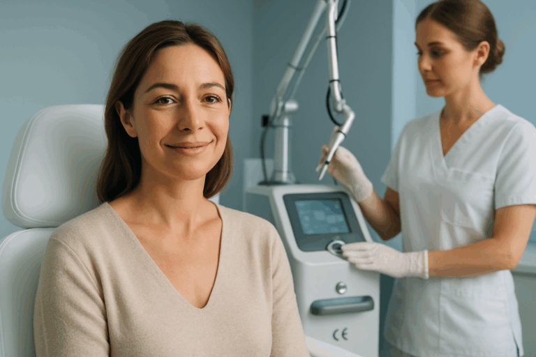 Photorealistic portrait of a French woman in her late 30s with a serene smile and relieved expression, sitting in a modern aesthetic clinic with soft blue-toned walls and natural lighting. Gentle rim light highlights her facial features, conveying confidence and emotional safety. Behind her, a professional in medical attire adjusts a high-end laser device with visible CE symbol (non-readable text elements), emphasizing certified equipment. Clean composition following rule of thirds, professional attire with neutral tones, realistic skin textures, and subtle clinical details that communicate expertise without intimidation. Cool blue accents throughout the environment create a calming, trustworthy atmosphere. No text elements, pure visual storytelling of empowerment through safety.