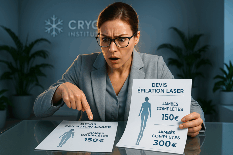 Une femme professionnelle, visiblement frustrée mais déterminée, examine deux devis d'épilation laser étalés sur une table en verre d'un institut moderne. L'un des devis affiche 'Jambes Complètes - 150€', l'autre 'Jambes Complètes - 300€' avec des zones anatomiques surbrillées différemment (cuisses incluses ou non). Elle pointe du doigt la contradiction avec un regard d'étonnement, entourée de détails rassurants : logo Cryo Institut discret, plantes vertes, tons bleus apaisants. Éclairage théâtral avec rim light doré accentuant son expression de découverte, style photoréaliste 8K ultra-détaillé montrant les textures du tissu et les reflets sur les écrans. Palette dominante bleu glacier et gris perle pour une crédibilité professionnelle.