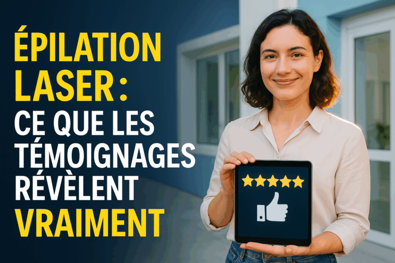 Une jeune femme francophone souriante, regard rassuré et main posée sur une tablette affichant des étoiles et des pouces levés, se tenant devant un institut moderne aux murs bleu ciel et blancs. En surimpression centrale : 'Épilation laser : Ce que les témoignages révèlent VRAIMENT', en caractères géants modernes gras sur fond dégradé bleu nuit. Éclairage dynamique avec rim light doré soulignant ses épaules, regard tourné vers l'objectif avec confiance. Ambiance propre et professionnel, vêtements neutres (chemisier clair et jean), textures de peau ultra-réalistes. Style vignette YouTube percutante avec contraste renforcé et espace négatif à gauche pour titre cliquable.