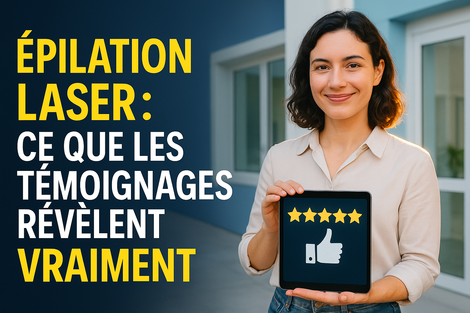 Une jeune femme francophone souriante, regard rassuré et main posée sur une tablette affichant des étoiles et des pouces levés, se tenant devant un institut moderne aux murs bleu ciel et blancs. En surimpression centrale : 'Épilation laser : Ce que les témoignages révèlent VRAIMENT', en caractères géants modernes gras sur fond dégradé bleu nuit. Éclairage dynamique avec rim light doré soulignant ses épaules, regard tourné vers l'objectif avec confiance. Ambiance propre et professionnel, vêtements neutres (chemisier clair et jean), textures de peau ultra-réalistes. Style vignette YouTube percutante avec contraste renforcé et espace négatif à gauche pour titre cliquable.