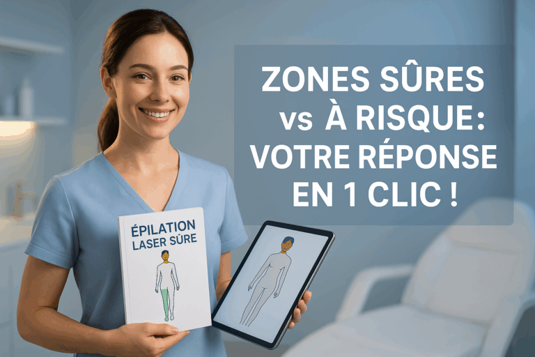 Une femme souriante de 30 ans, peau claire, portant un haut bleu ciel professionnel, tenant un guide illustré « Épilation Laser Sûre » avec des pictogrammes de zones corporelles (jambes en vert, visage en jaune). Éclairage studio doux avec rim light dorée soulignant son expression sereine, fond de cabine esthétique moderne aux tons bleu glacier et blanc. Texte central en français : 'Zones Sûres vs À Risque : Votre Réponse en 1 Clic !' sur un tableau transparent. Détails photoréalistes : texture du coton du vêtement, reflet subtil sur la tablette numérique affichant un schéma anatomique simplifié. Composition règle des tiers, espace négatif à droite pour titre YouTube. Palette dominante bleu apaisant avec touches de blanc médical, 8K.